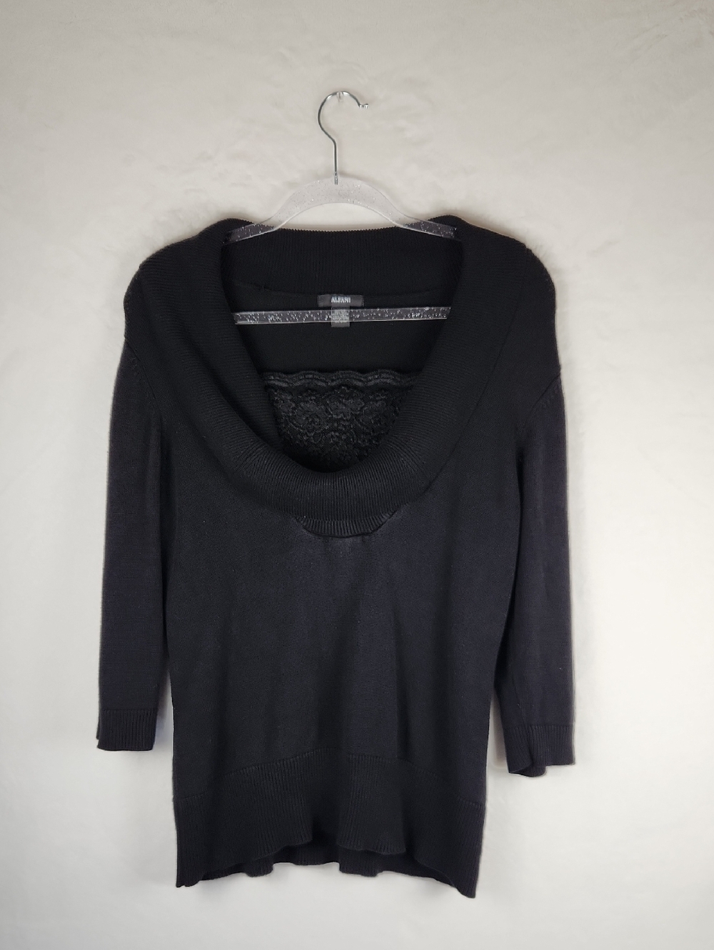 Alfani 3/4 Sleeve Sweater XL Black Silk Blend With Built In Lacy Cami